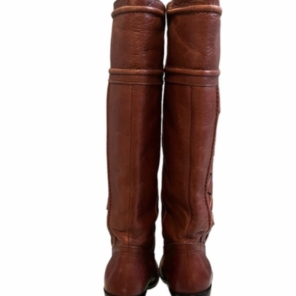 FOSSIL Felicia woven leather riding heeled knee high boots Cognac Brown Size 8 - Picture 8 of 12